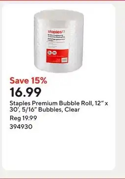 Staples Staples Premium Bubble Roll, 12 x 30', 5/16 Bubbles, Clear offer