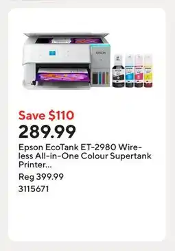 Staples Epson EcoTank ET-2980 Wireless All-in-One Colour Supertank Printer - White offer