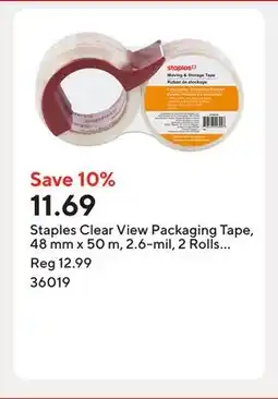 Staples Staples Clear View Packaging Tape, 48 mm x 50 m, 2.6-mil, 2 Rolls with Dispenser offer