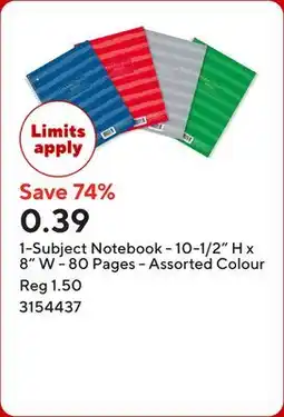 Staples 1-Subject Notebook - 10-1/2 H x 8 W - 80 Pages - Assorted Colour offer
