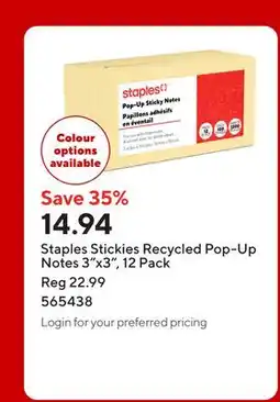 Staples Staples Stickies Recycled Pop-Up Notes 3x3 offer