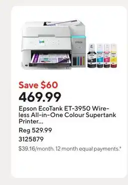 Staples Epson EcoTank ET-3950 Wireless All-in-One Colour Supertank Printer – White offer