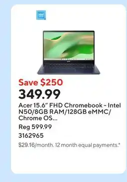 Staples Acer 15.6 FHD Chromebook - Intel N50/8GB RAM/128GB eMMC/Chrome OS with 3 months of Google AI Pro offer