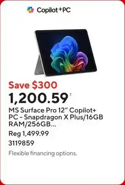 Staples MS Surface Pro 12 Copilot+ PC - Snapdragon X Plus/16GB RAM/256GB SSD/Touchscreen/Windows 11/Platinum offer