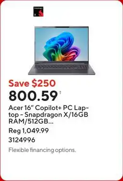 Staples Acer 16 Copilot+ PC Laptop - Snapdragon X/16GB RAM/512GB SSD/Windows 11 offer