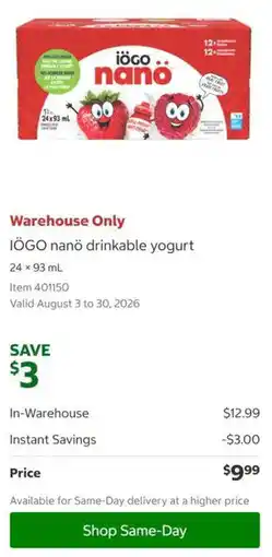 Costco Iogo nano drinkable yogurt offer