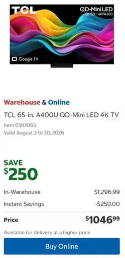 Costco TCL 65-in. A400U QD-Mini LED 4K TV offer