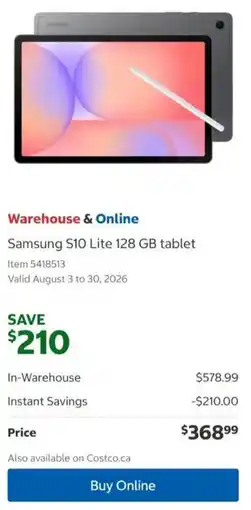 Costco Samsung S10 Lite 128 GB Tablet offer