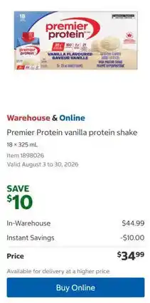 Costco Premier Protein vanilla protein shake offer