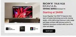 Visions Electronics Sony true rgb bravia 9π xr90m2 series 4k smart tv offer