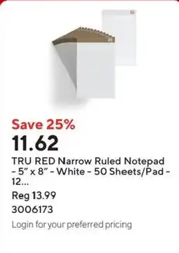 Staples Tru red narrow ruled notepad offer
