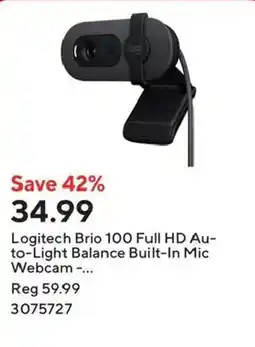 Staples Logitech Brio 100 Full HD Auto-Light Balance Built-In Mic Webcam offer