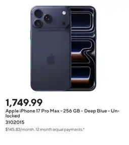 Staples Apple iPhone 17 Pro Max - 256 GB - Deep Blue - Unlocked offer