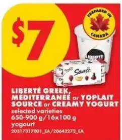 No Frills Liberté greek, méditerranée or yoplait source or creamy yogurt offer