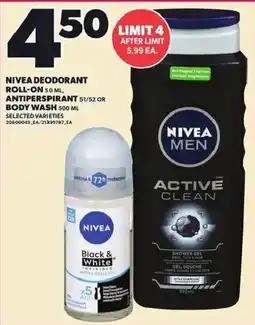 Loblaws Nivea deodorant roll-on 50 ml, antiperspirant 51/52 or body wash 500 ml offer