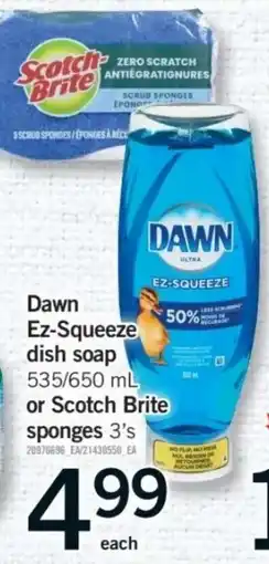 Fortinos Dawn Ez-Squeeze dish soap or Scotch Brite sponges 3's offer
