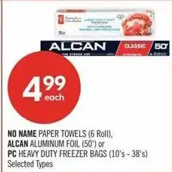 Shoppers Drug Mart No Name paper towels, Alcan aluminum foil, PC heavy duty freezer bags offer