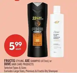 Shoppers Drug Mart Fructis styling axe shampoo or dove hair care products offer