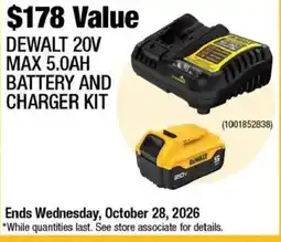 Home Depot DeWalt 20v max 5.0ah battery and charger kit offer