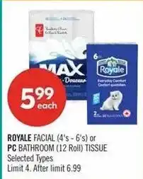 Shoppers Drug Mart Royale facial (4's - 6's) or pc bathroom (12 roll) tissue offer