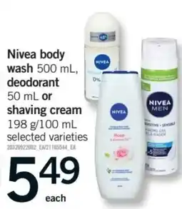Fortinos Nivea body wash deodorant or shaving cream offer