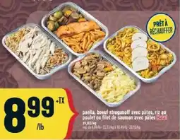 Marché Adonis paella, boeuf stroganoff avec pates, riz au poulet ou filet de saumon avec pates offer