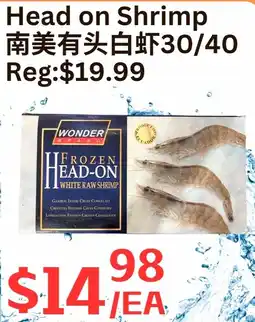 Farm Fresh Supermarket Wonder brand frozen head-on white raw shrimp offer