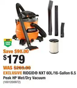 Home Depot Ridgid nxt 60l/16-gallon 6.5 peak hp wet/dry vacuum offer