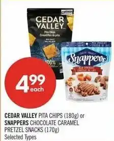 Shoppers Drug Mart Cedar Valley pita chips or Snappers chocolate caramel pretzel snacks offer