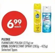 Shoppers Drug Mart Pledge furniture polish or lysol disinfectant spray offer
