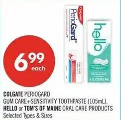 Shoppers Drug Mart Colgate PerioGard gum care+ sensitivity toothpaste hello or tom's of maine oral care products offer