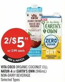 Shoppers Drug Mart Vita Coco organic coconut natur-a or earth's own non-dairy beverage offer