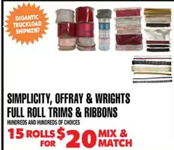 Len's Mill Stores SIMPLICITY, OFFRAY & WRIGHTS FULL ROLL TRIMS & RIBBONS offer