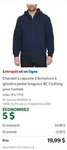 Costco BC Clothing chandail à capuche à fermeture à glissière pleine longueur offer