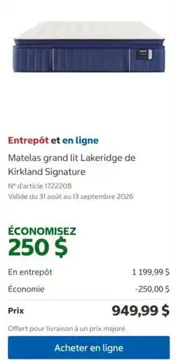 Costco Kirkland Signature matelas grand lit Lakeridge offer