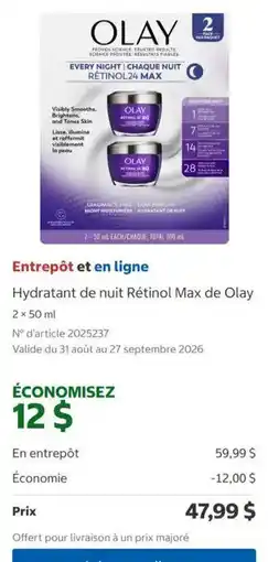 Costco Olay Hydratant de nuit Rétinol Max offer