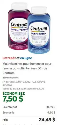 Costco Centrum multivitamines pour homme et pour femme ou multivitamines 50+ offer