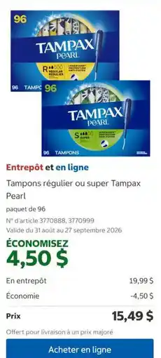 Costco Tampax tampons regular or super offer