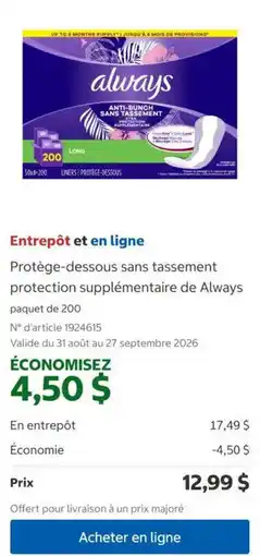 Costco Always protège-dessous sans tassement offer