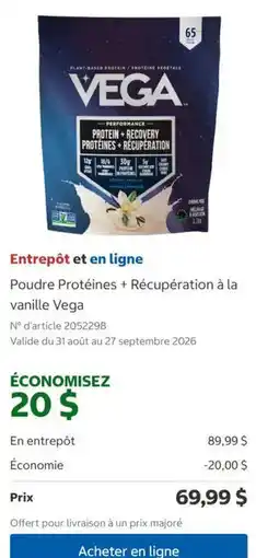 Costco Vega Poudre Protéines + Récupération à la vanille offer