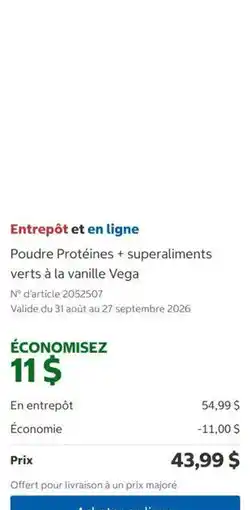 Costco Vega Poudre Protéines + superaliments verts à la vanille offer