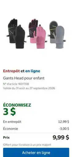 Costco Head gants pour enfant offer