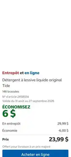 Costco Tide détergent à lessive liquide original offer