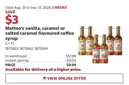 Costco Matte's vanilla, caramel or salted caramel flavoured coffee syrup offer