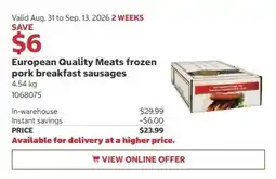 Costco European Quality Meats frozen pork breakfast sausages offer