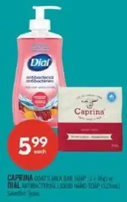 Shoppers Drug Mart Caprina goat's milk bar soap or Dial antibacterial liquid hand soap offer