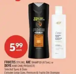 Shoppers Drug Mart Fructis styling axe shampoo or dove hair care products offer