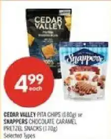 Shoppers Drug Mart Cedar Valley pita chips or Snappers chocolate caramel pretzel snacks offer