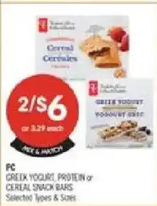 Shoppers Drug Mart PC Greek Yogurt Protein or Cereal Snack Bars offer