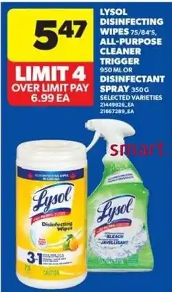 Real Canadian Superstore Lysol disinfecting wipes 75/84's, all-purpose cleaner trigger 950 ml or disinfectant spray 350 g offer